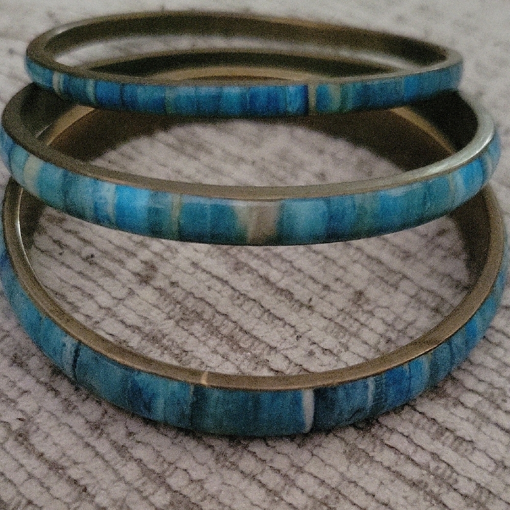 Vintage Boho Brass Inlay Tealwood Blue Bangle Bracelet Set of 3 - Picture 4 of 10
